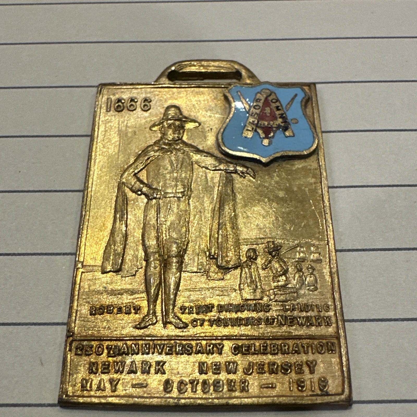 1916 Newark NJ 250th Anniversary Robert Treat Medal Badge Livingston Enamel