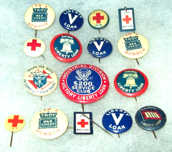 ORIGINAL WW1 ERA U.S. HOMEFRONT PINS LOT: LIBERTY LOAN, RED CROSS, WAR CHEST ETC