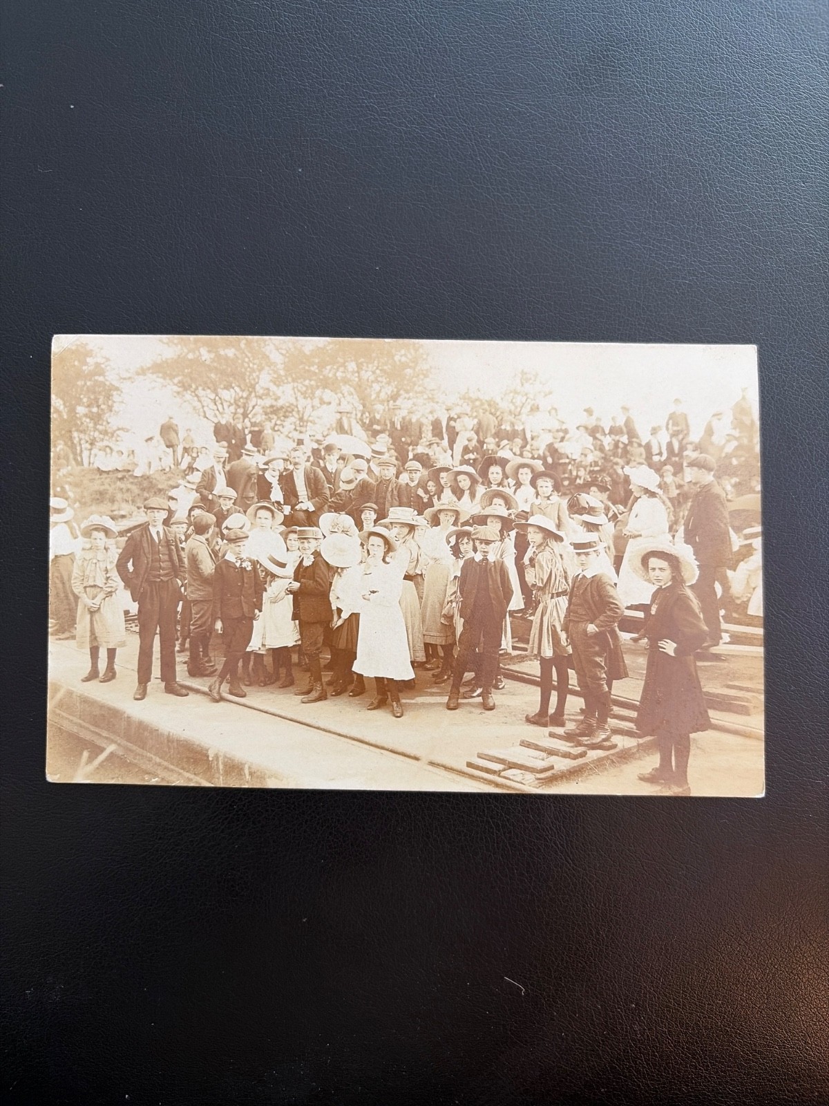 Edwardian RPPC c.1906 — Large Crowd on Railway Track — Opening Day, Unidentified
