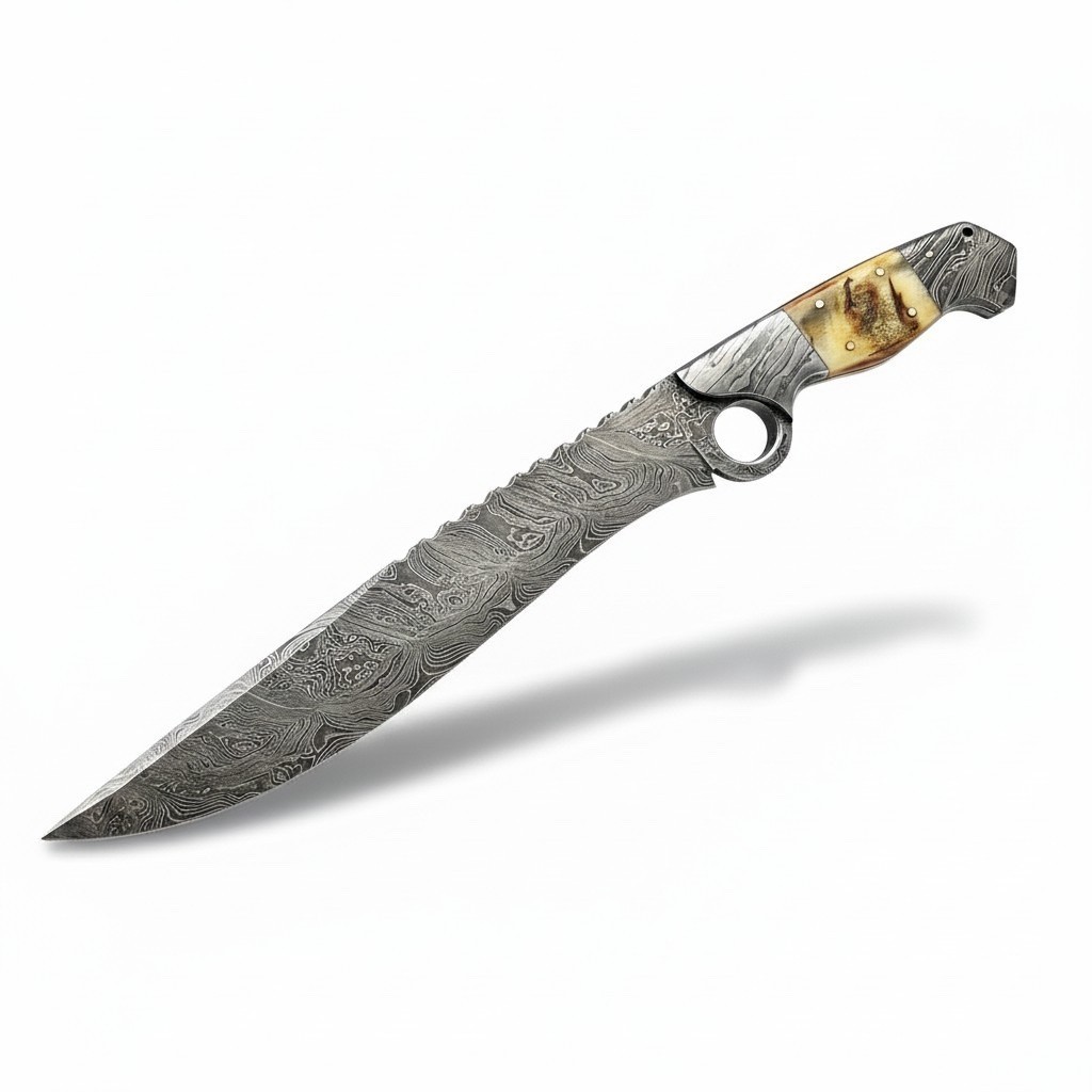 CustomHandmade Damascus Steel 15 Inches Bowie Knife - Beautiful Lamb Horn Handle