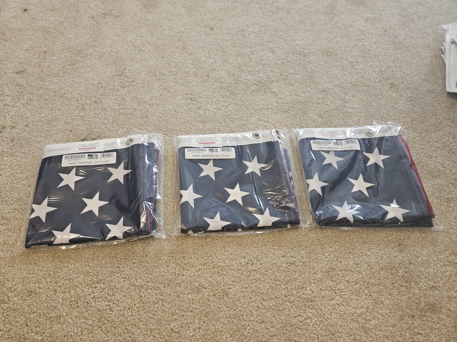 Three (3) 3x5 ft SENTINEL U.S. Flags in Packaging - Made in USA