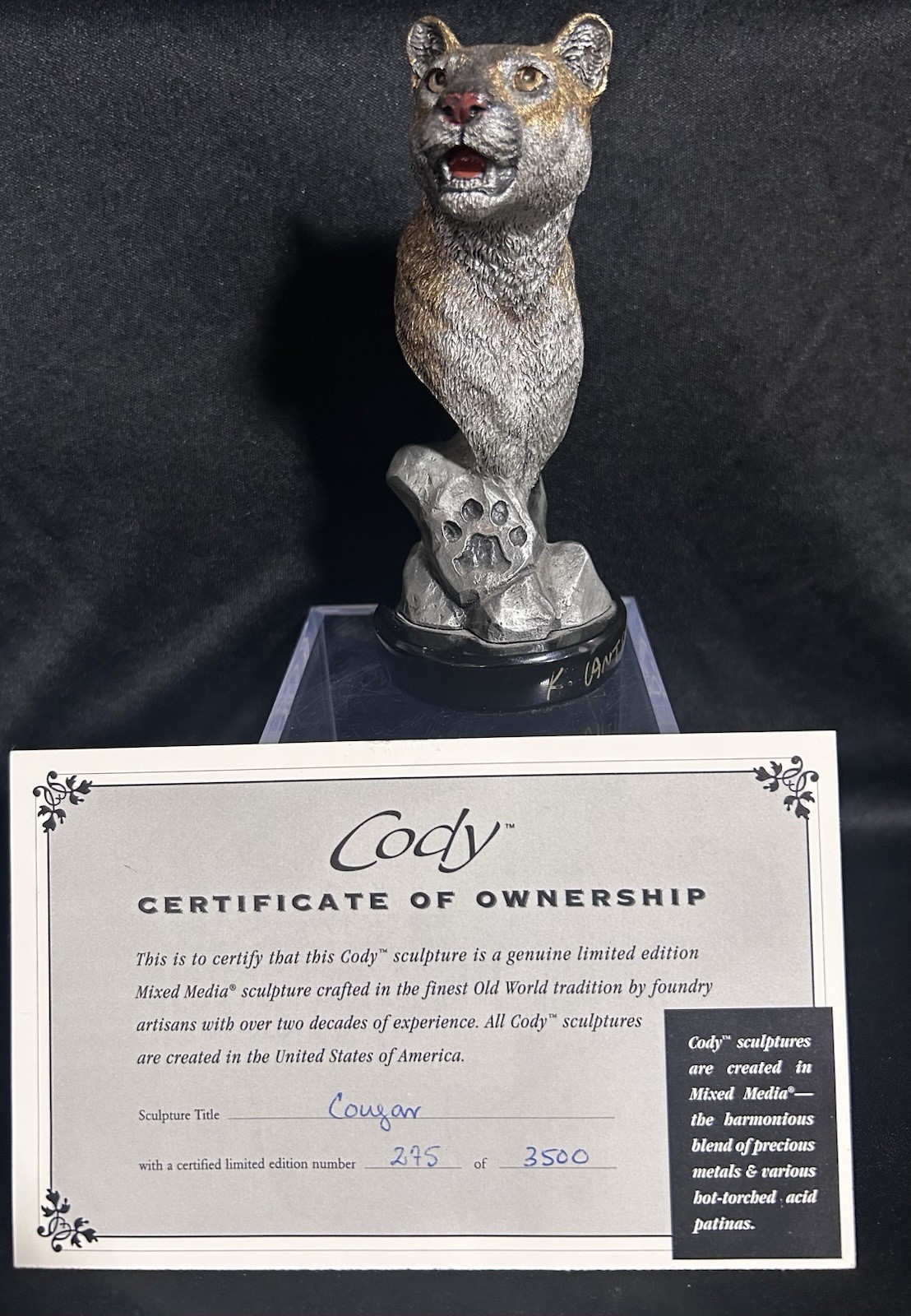 Vtg. Bronze Cougar Sculpture signed 275/3500 Legends K.Cantrell W/ Certificate