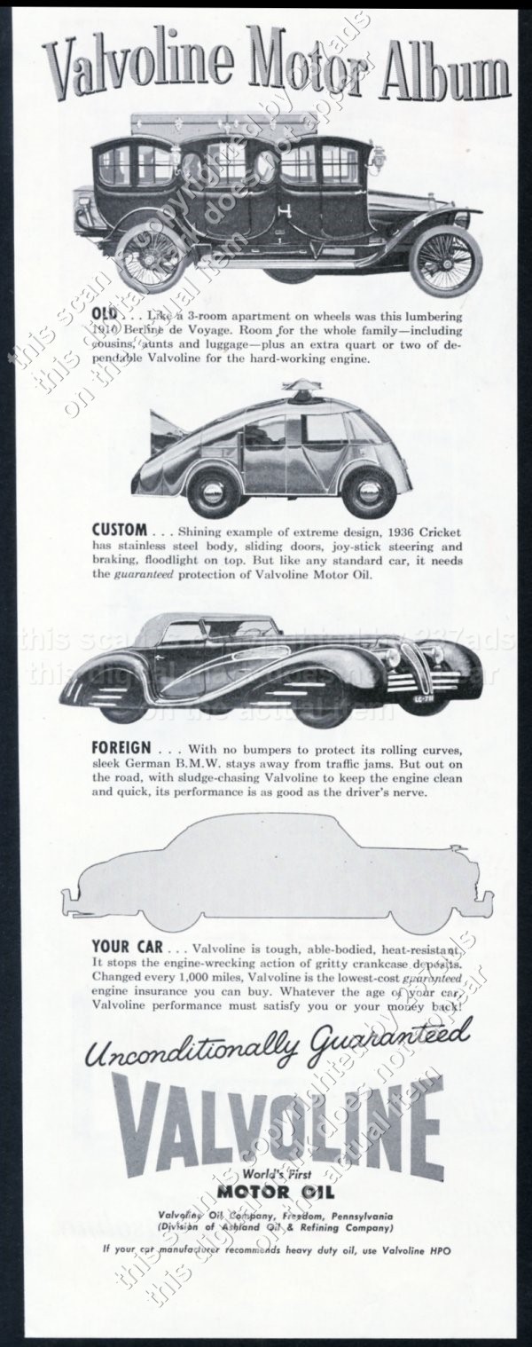 1954 Valvoline oil 1930s BMW car 1910 Berline de Voyage 1936 Cricket vtg ad