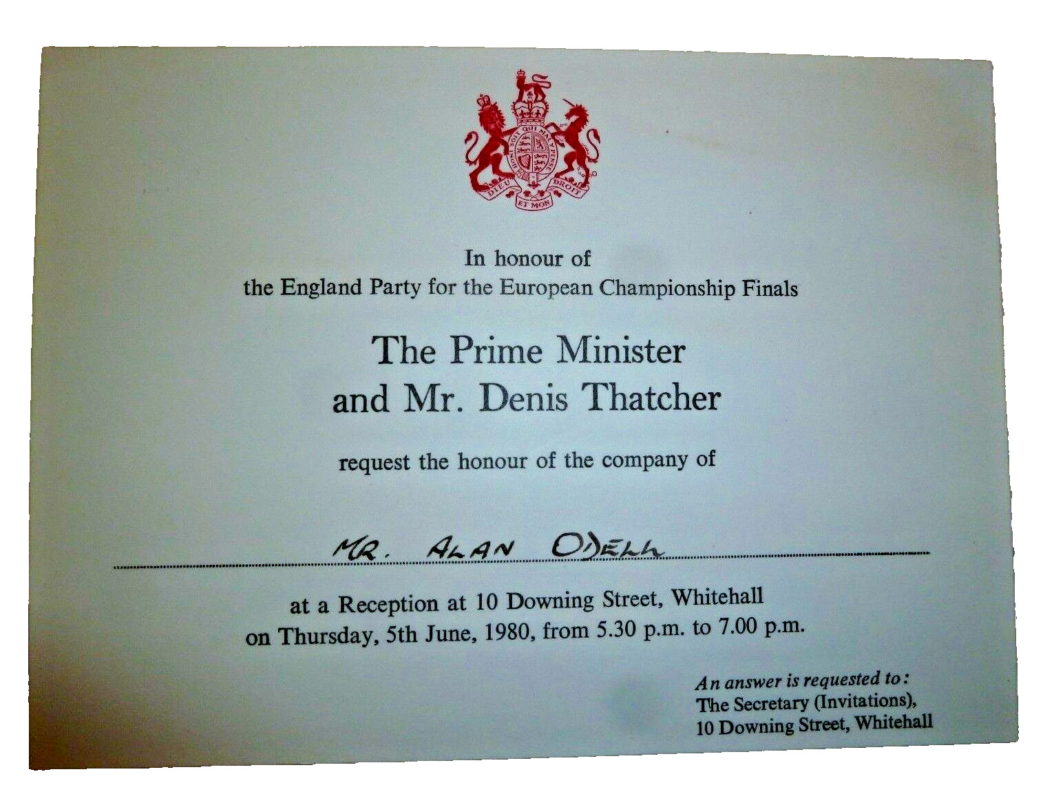 1980 Downing St Invitation Margaret Thatcher England Football Euro Alan Odell