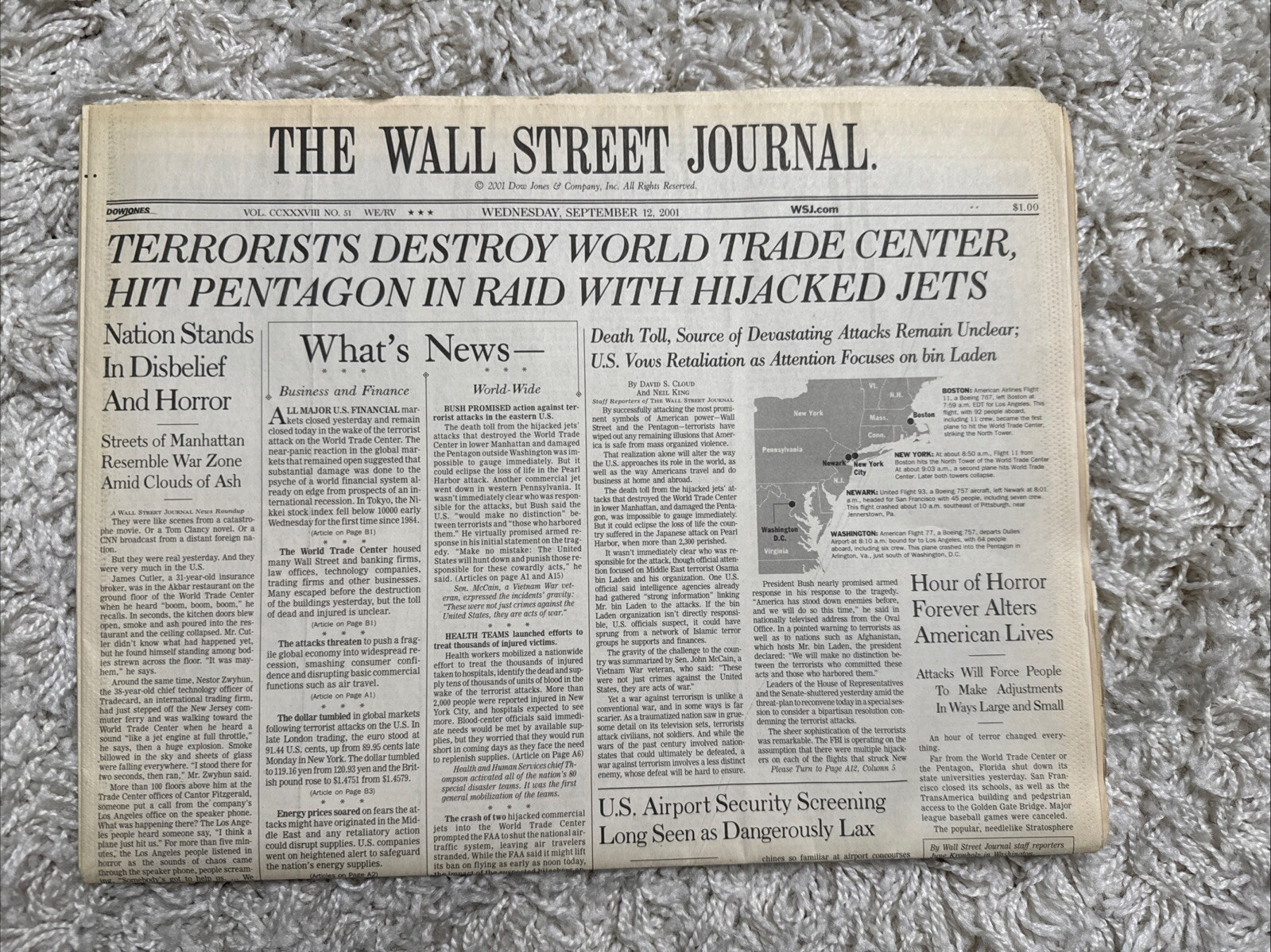Wall Street Journal September 12 2001 Newspaper 9/11/2011  Issue WSJ