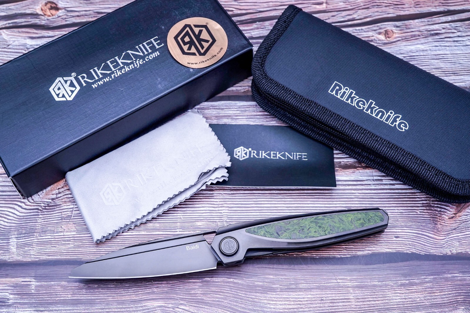 Rike Knife Baidi-P/GCF, DLC M390 Blade, DLC Titanium W/Green Carbon Fiber Inlay