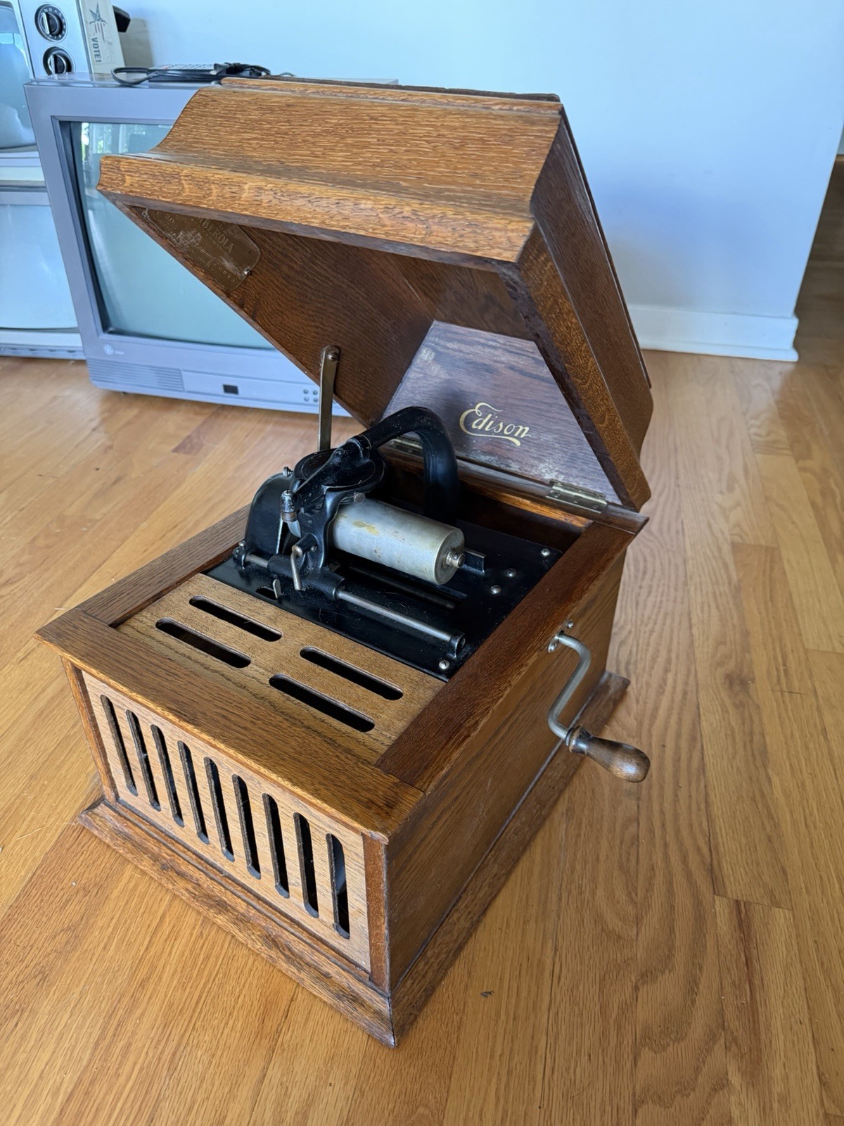 Vintage Antique Edison Amberola Cylinder Phonograph Oak Original Crank Radio