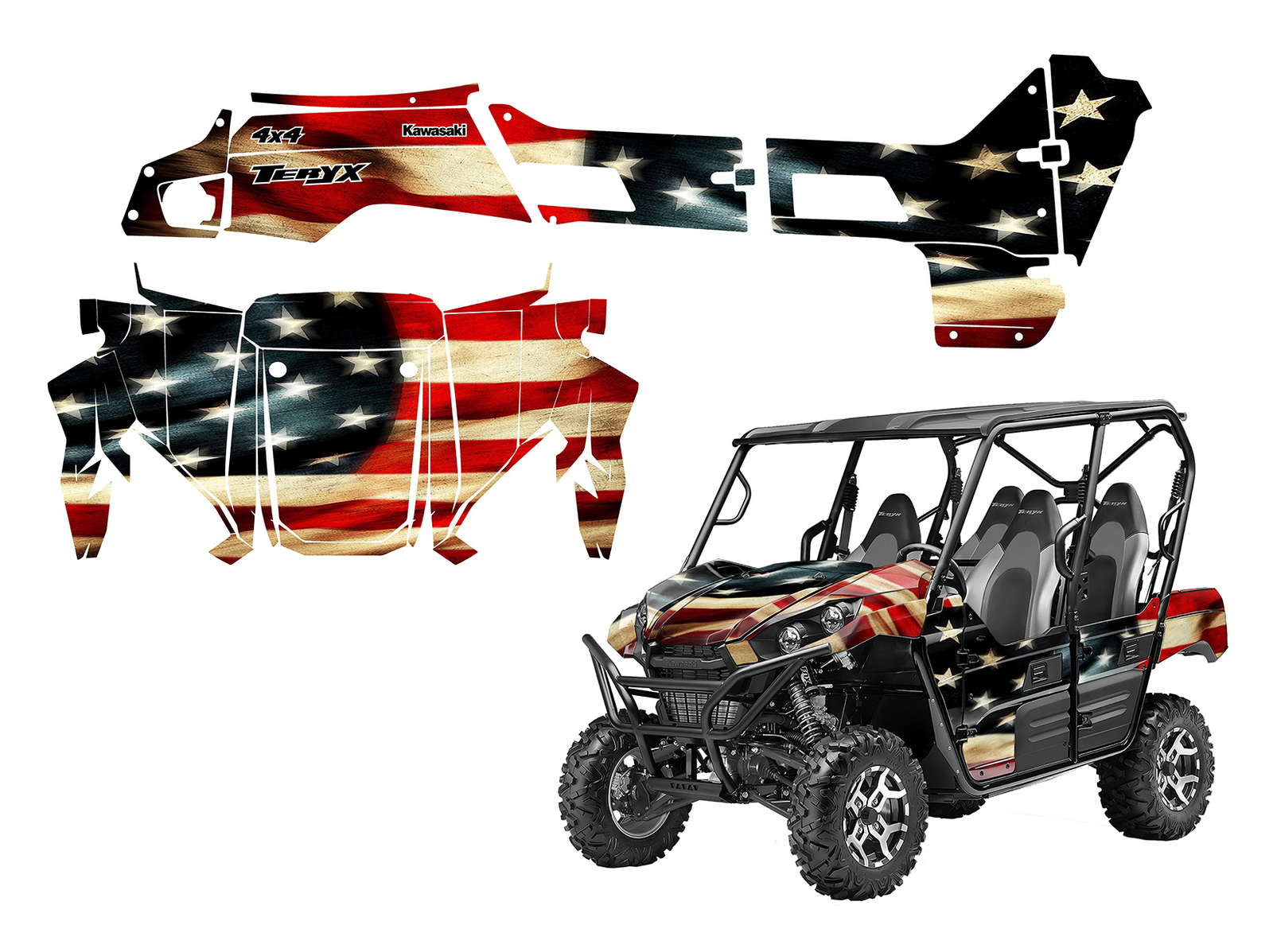 2016-2018 Kawasaki Teryx 4 or 2 seater Graphics Wrap kit Tattered American Flag 
