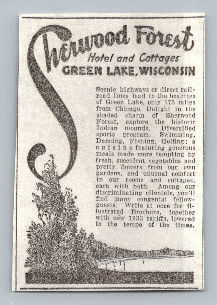 1933 Sherwood Forest Hotel & Cottages Green Lake Wisconsin Resort Ad Ephemera