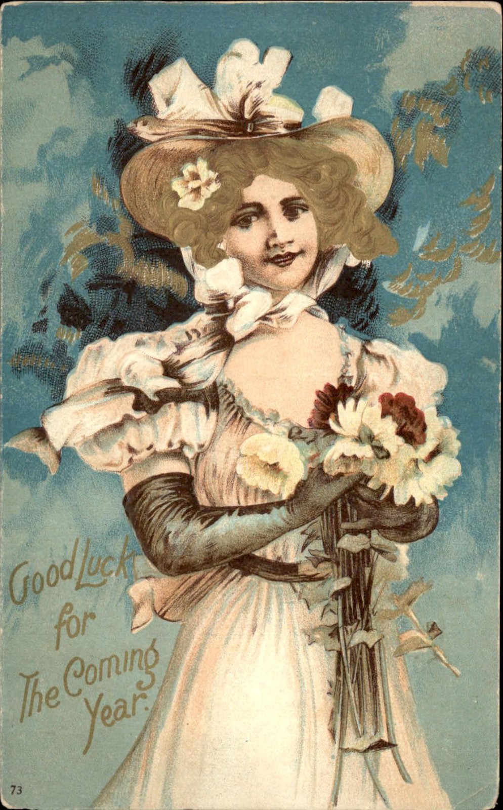 New Year\'s Woman Holding Flowers c1900s-10s Vintage Postcard