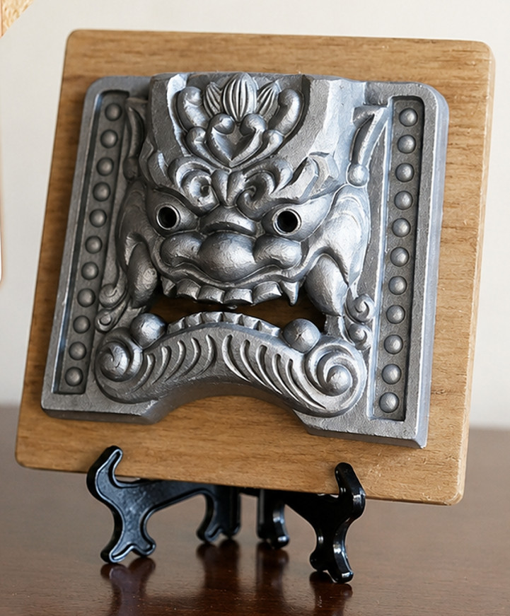 Japanese Oni Kawara Roof Tile Traditional Demon Ornament Sanshu Handmade w/Stand