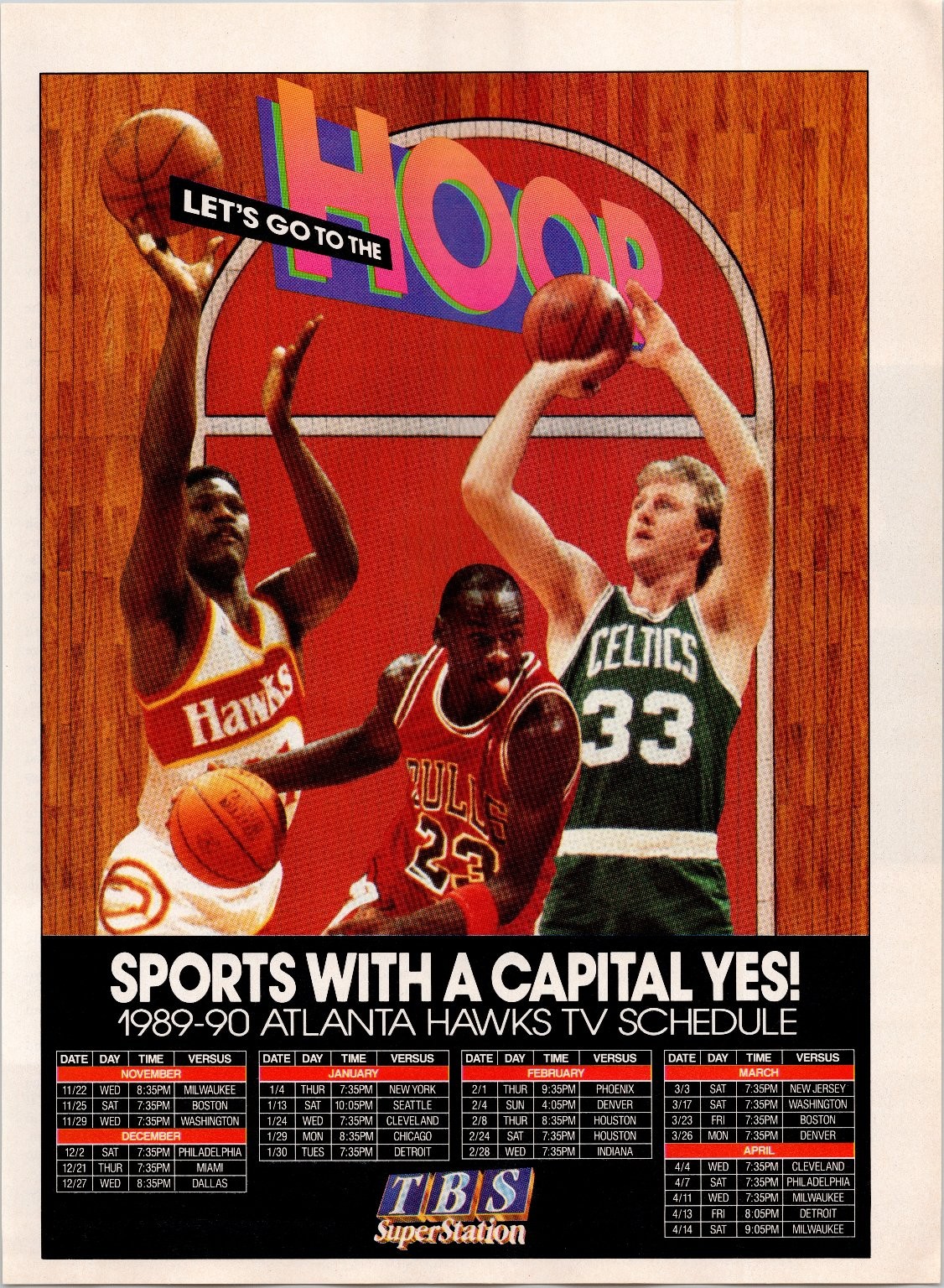 1989-90 Atlanta Hawks TV Schedule Michael Jordan Larry Bird NBA Magazine Ad
