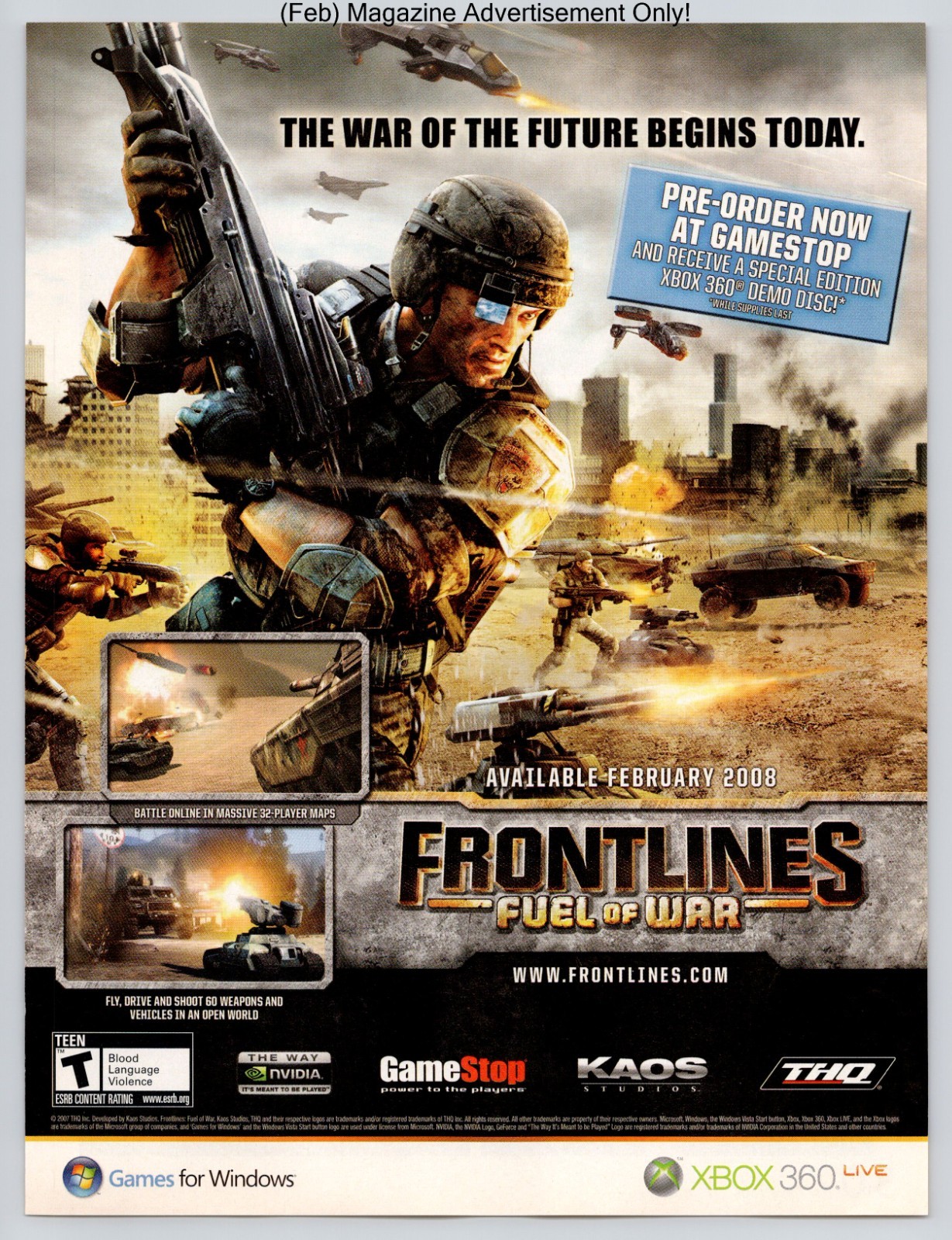 Frontlines Fuel of War Xbox 360 PC THQ Gamestop Promo 2008 Full Page Print Ad