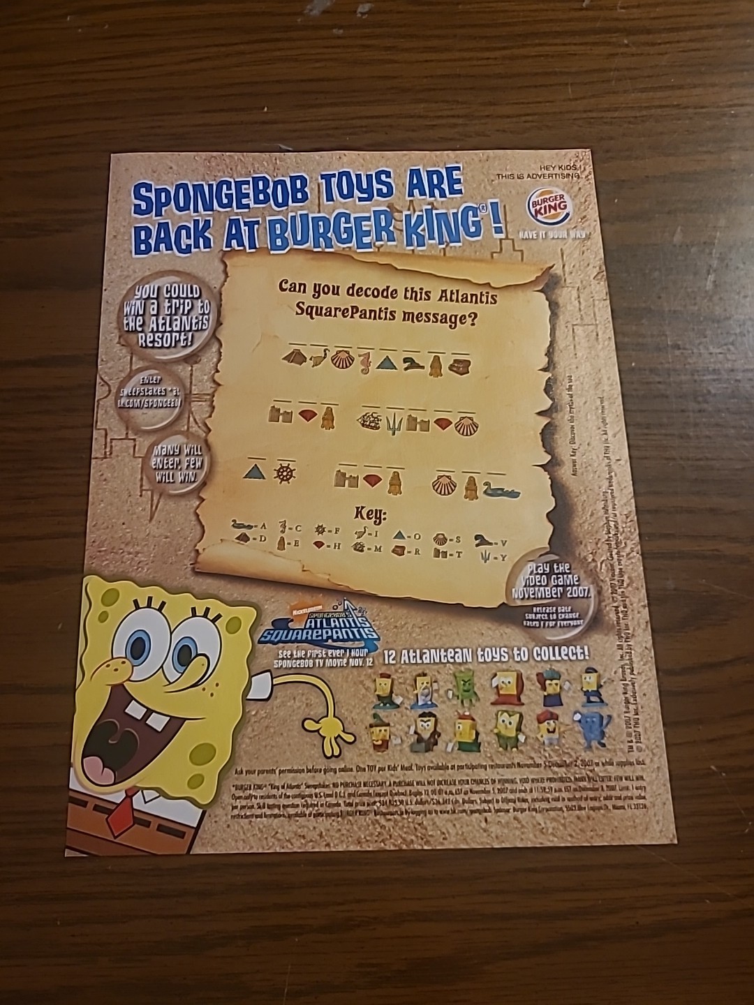 Spongebob Squarepants Atlantis Burger King Toys Print Ad 2007 8x11