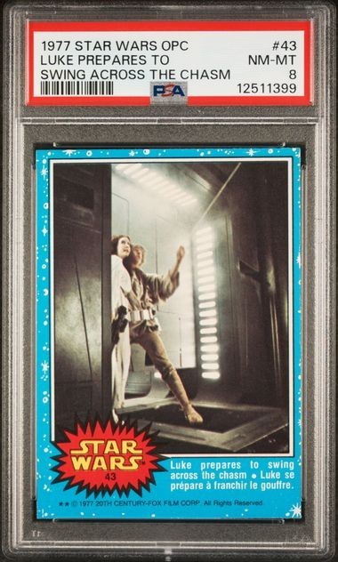 1977 O-PEE-CHEE OPC STAR WARS #43 LUKE PREPARES TO SWING ACROSS THE CHASM PSA 8