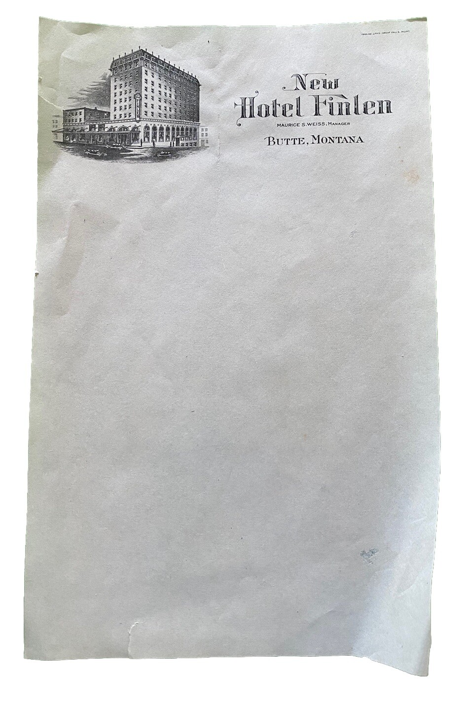 Vintage c1924 New Hotel Finlen of Butte Montana MT Unused Small Letterhead Paper