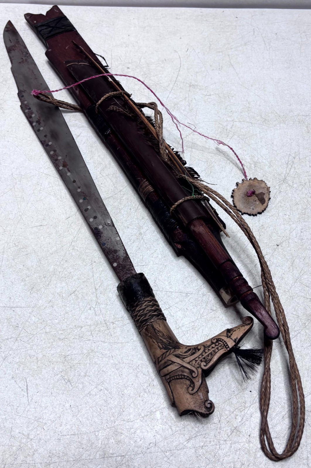 Antique Vintage Dayak Mandau Sword Knife Carved Hilt Wood Scabbard Borneo Dagger
