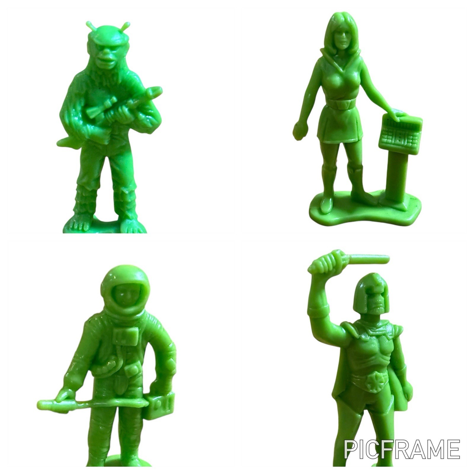 4 Vtg 1970s Tim Mee Timmee Green Alien Space Galaxy Laser Team Figure Toy Lady