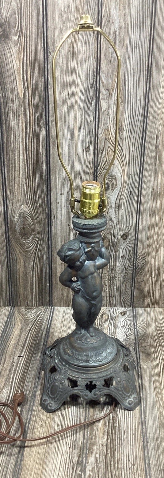 Vintage EF Industries Cir 1970 Aged Bronze Table Lamp Cherub No. 338 Working 26”