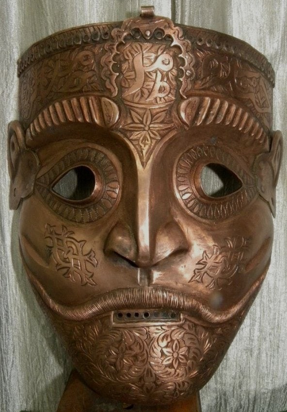 INCREDIBLE  PRE 1970  ARMOR MUGHAL/PERSIAN WARRIOR FACE MASK ARABIC INSCRIPTION