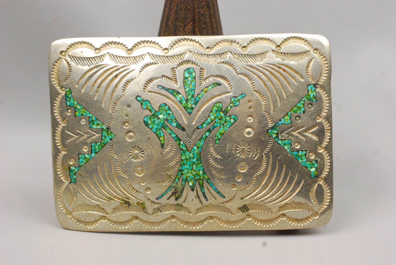 Vintage Navajo Sterling Silver Inlaid Turquoise Belt Buckle Signed Nakai