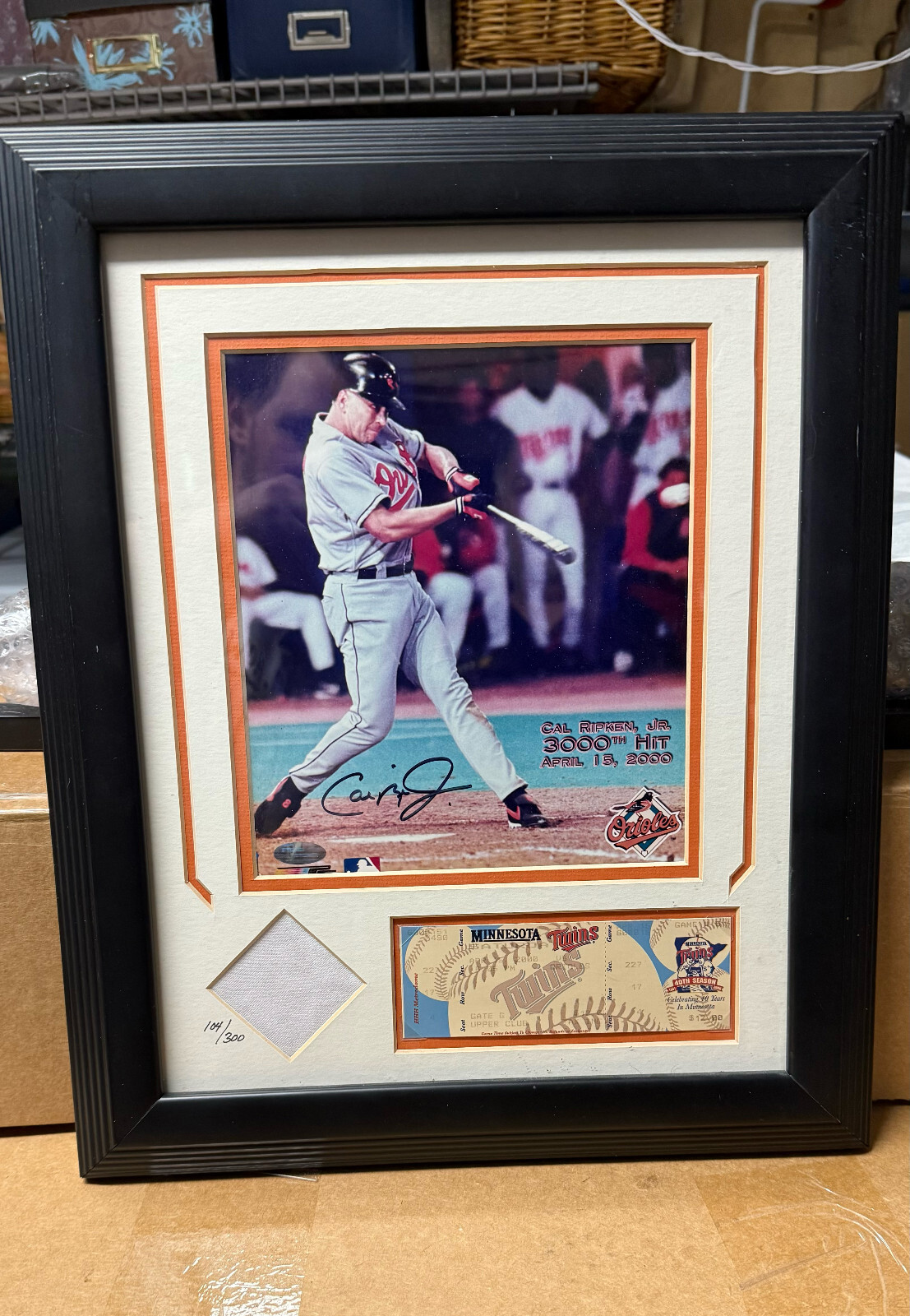 Cal Ripken Jr. 3000th Hit Signed Photo with Jersey Piece And Original Ticket 
