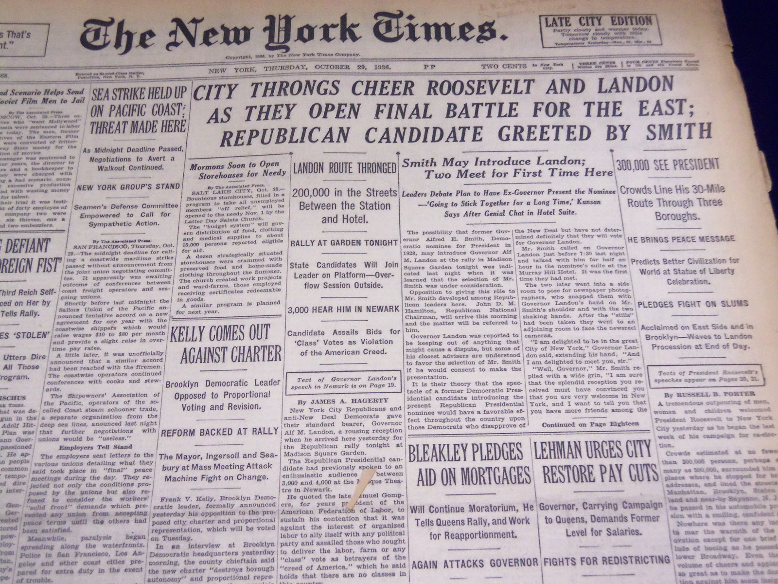 1936 OCTOBER 29 NEW YORK TIMES - CITY THRONGS CHEER ROOSEVELT - NT 2103