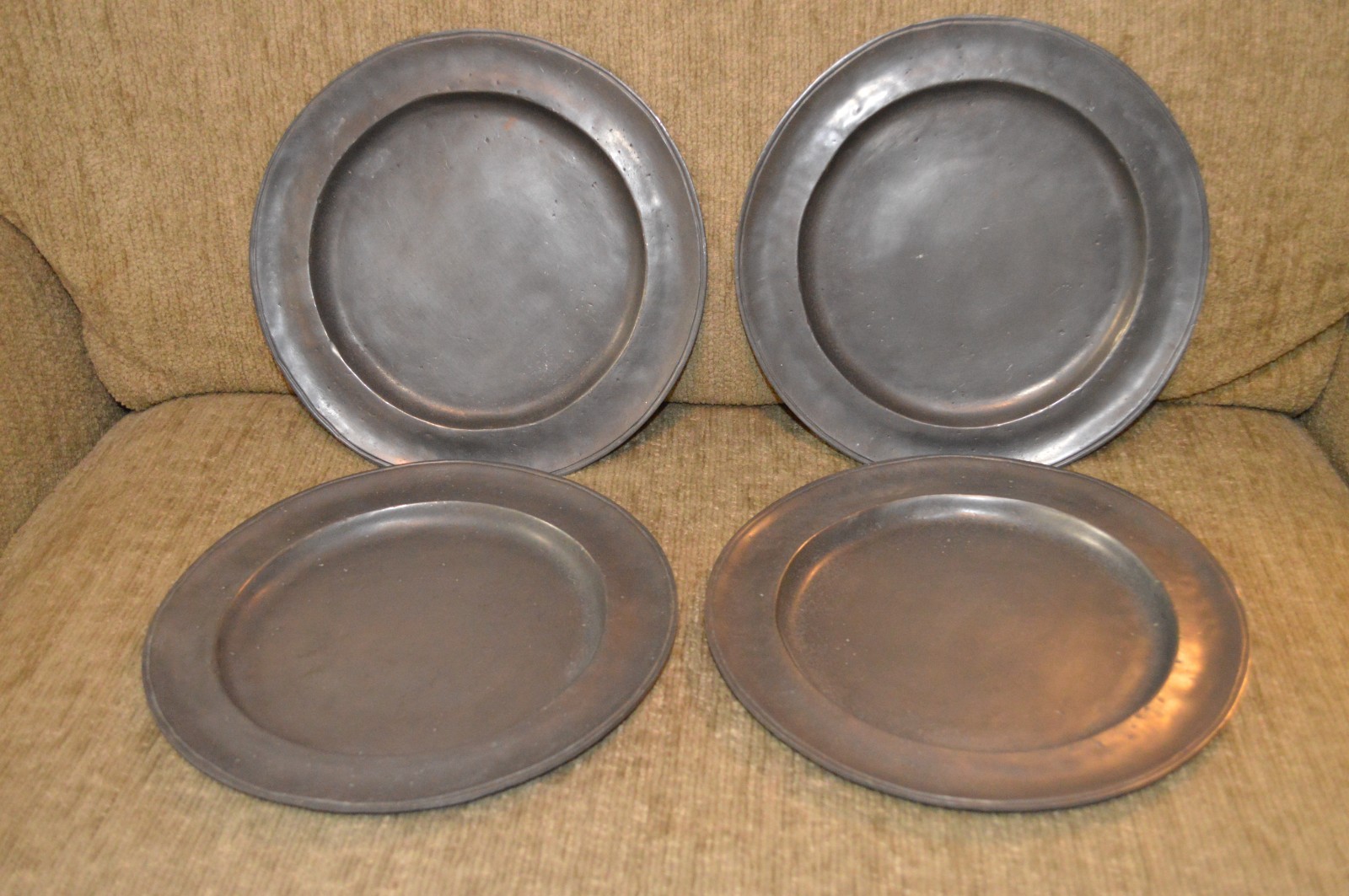 4 Old World Pewter 10.5” Plates / Chargers Stamped Handcrafted
