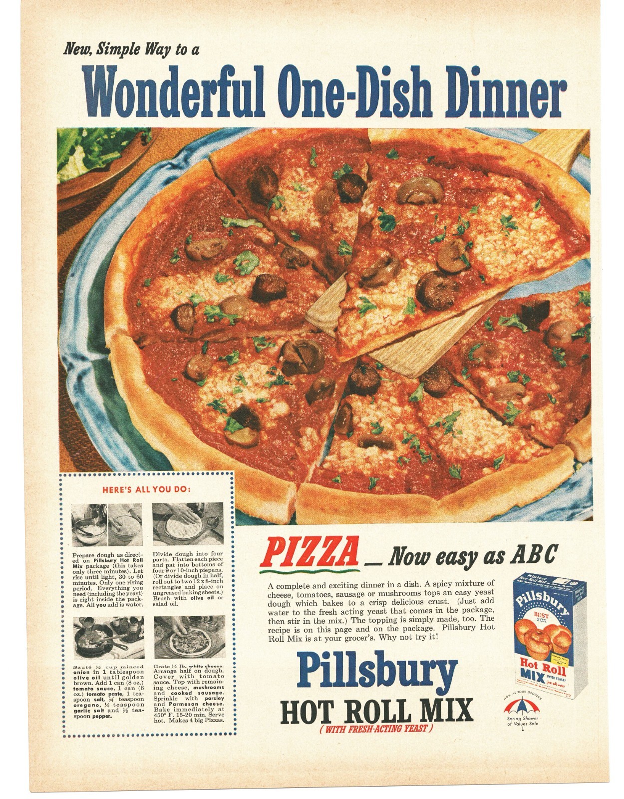 1953 Pillsbury Hot Roll Mix Vintage Print Ad Homemade Pizza Recipe Art