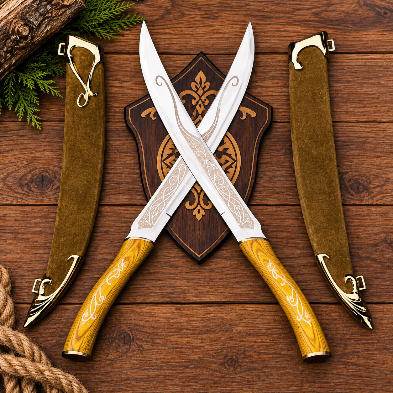 Handmade Mini Sword Set, Curved Steel Swords, Engraved Wooden Handles, Decorativ