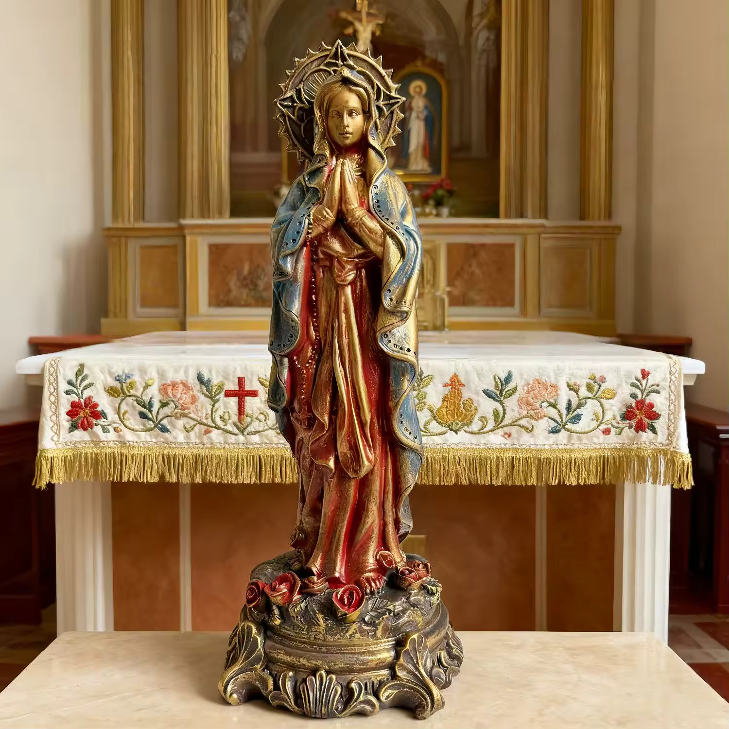 Estatua Virgen María resina pintada a mano altar oración iglesia hogar