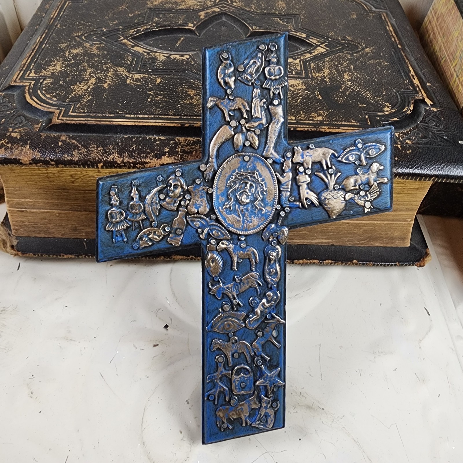 Vtg Blue & Silver Cross Milagros Wood Rustic Hand Made Signed Ramos Hangs