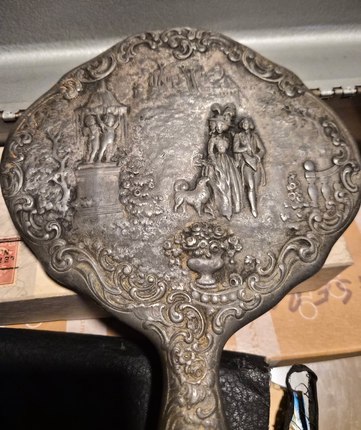 Vintage Silver Plated Hand Mirror Ornate Courting Couple Garden Scene Unmarked