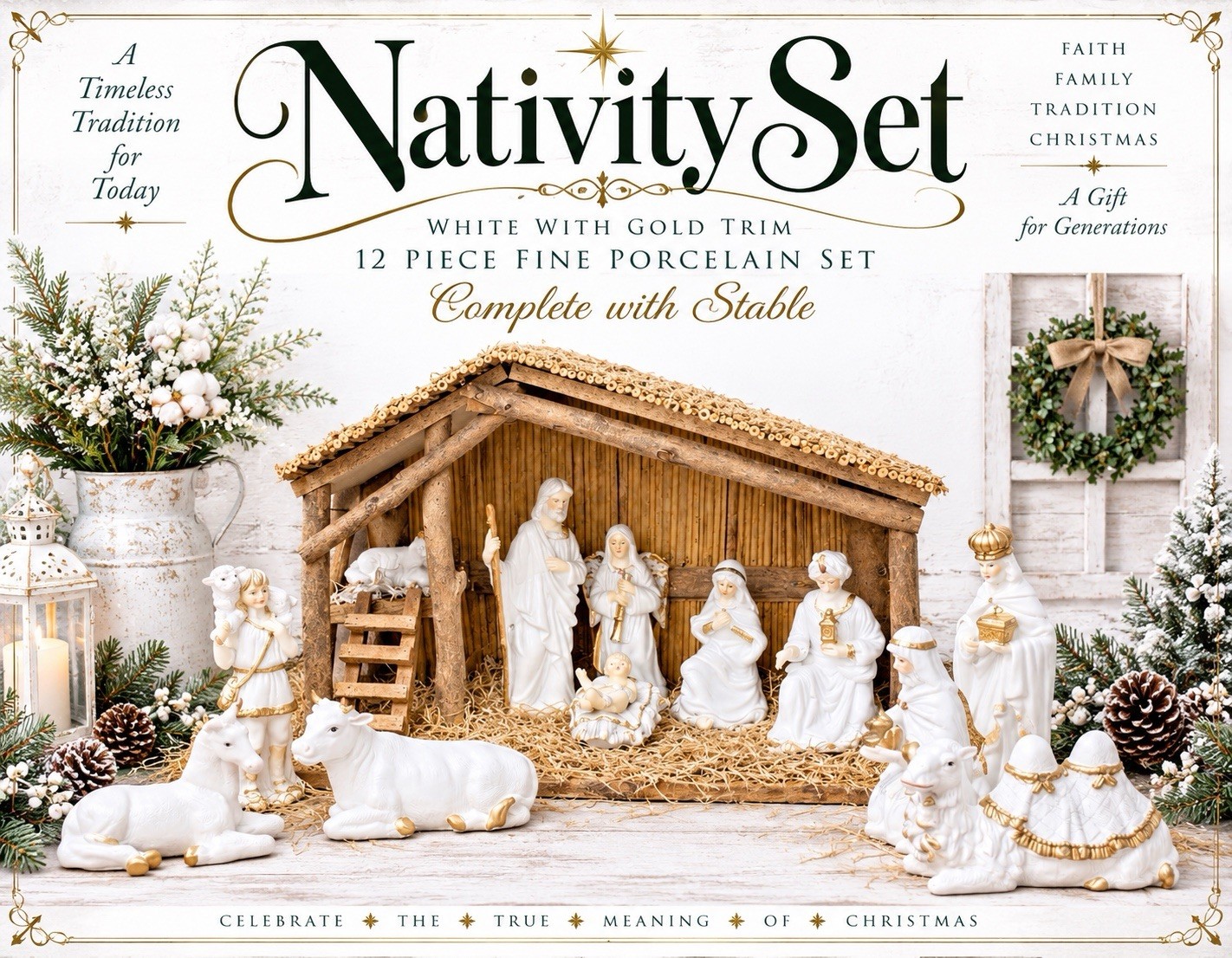 VTG (12) Piece White W/ Gold Trim Fine Porcelain Nativity Set W/ Large Stable