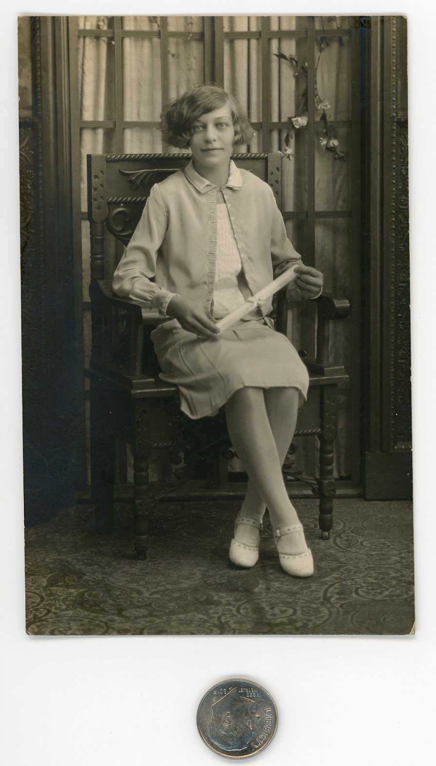 Vintage 1930's postcard photo / Creepy Looking Girl with Laser Eyes Graduates