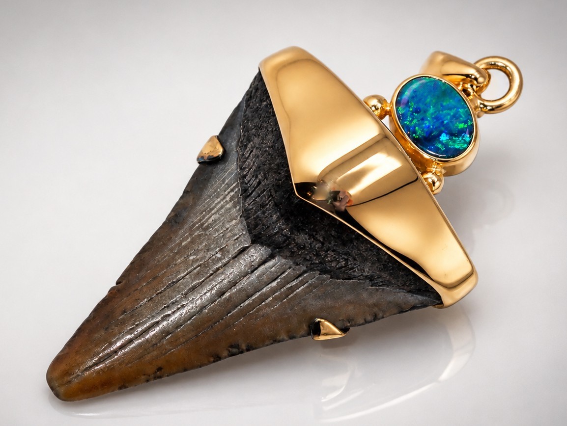 Fossil Shark Tooth Pendant – Megalodon Tooth with 24 K Gold Over Sterling Silver
