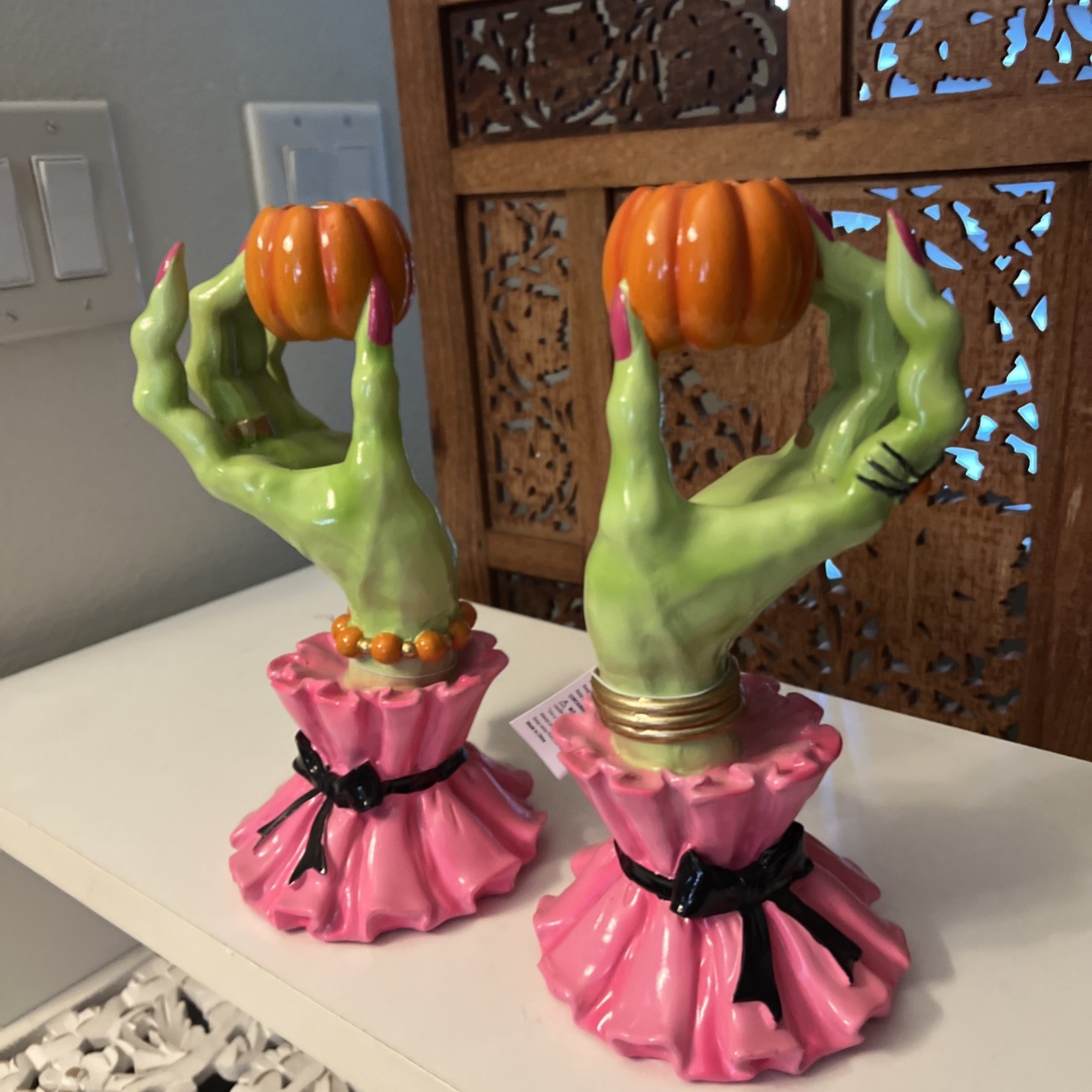 Witch Hand Candle holder PAIR Halloween Decor Witch Hands and Pumpkin TWO NEW