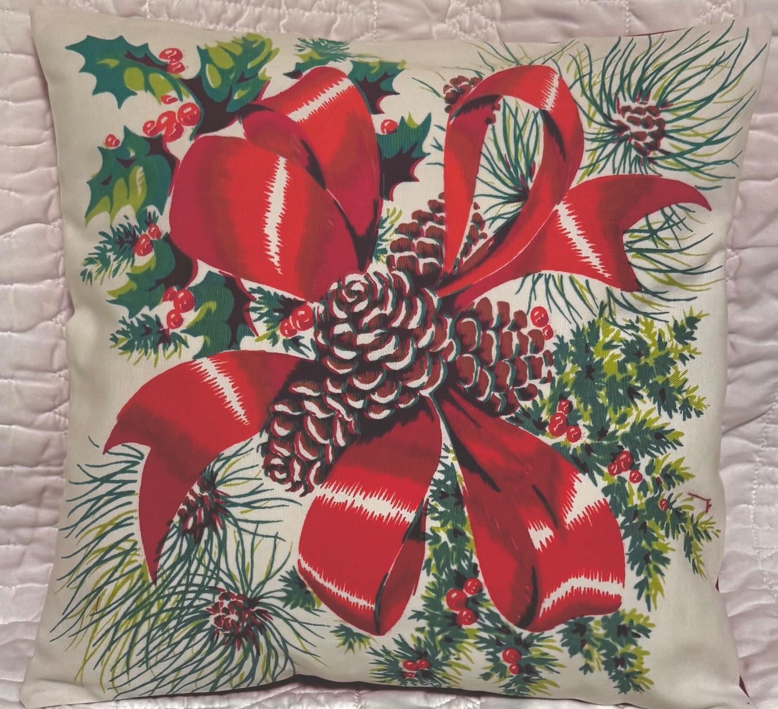 Vintage Christmas Tablecloth Pillow Cover -Pinecones, Big Red Bow (1)
