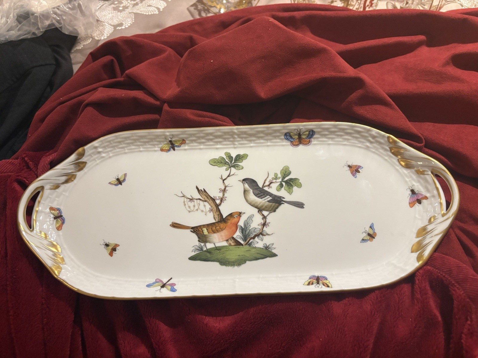 YOU HAVE BEEN WAITING FOR THIS: HEREND HP BIRDS & BUTTERFLIES 14”  SANDWICH TRAY
