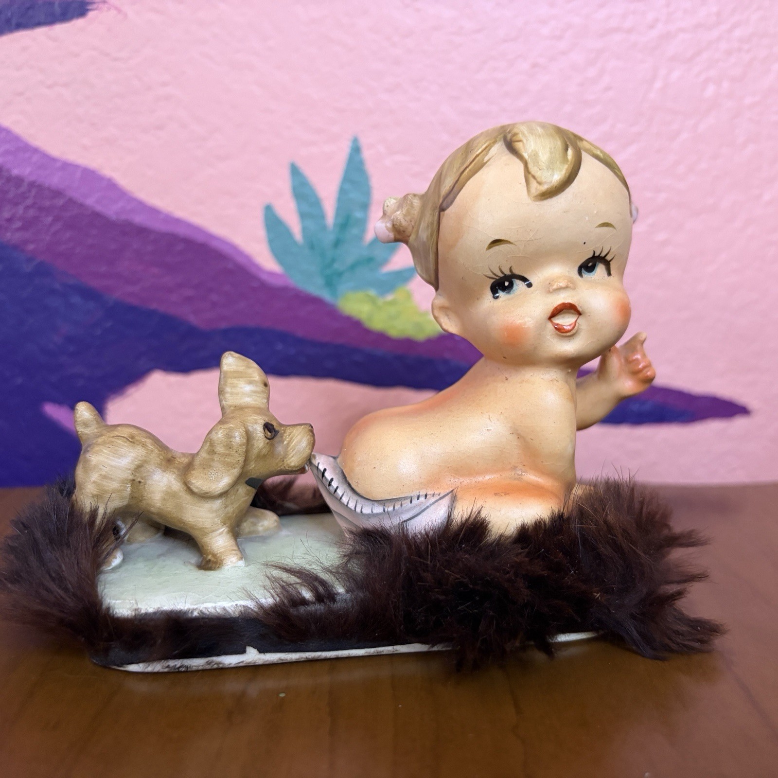 Vintage Pandora Japan Baby Dog Ceramic Figurine Fur (like Coppertone ad)