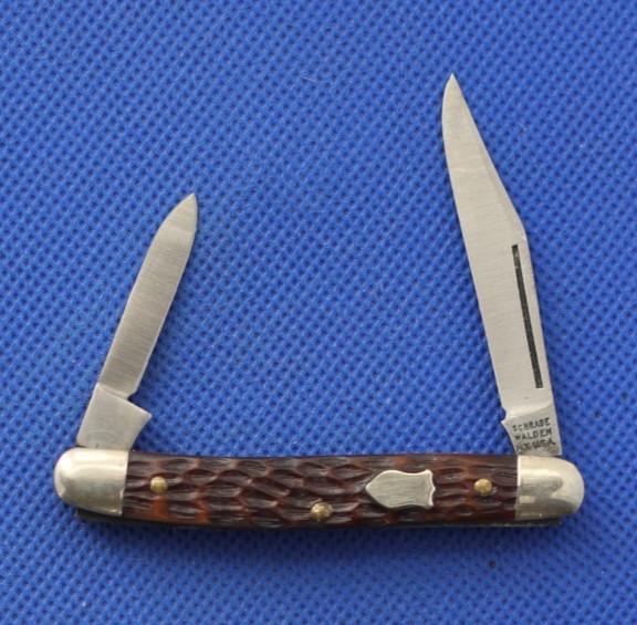 Vintage Schrade Walden 708, 2 blade brown jigged handle, NOS, NIB