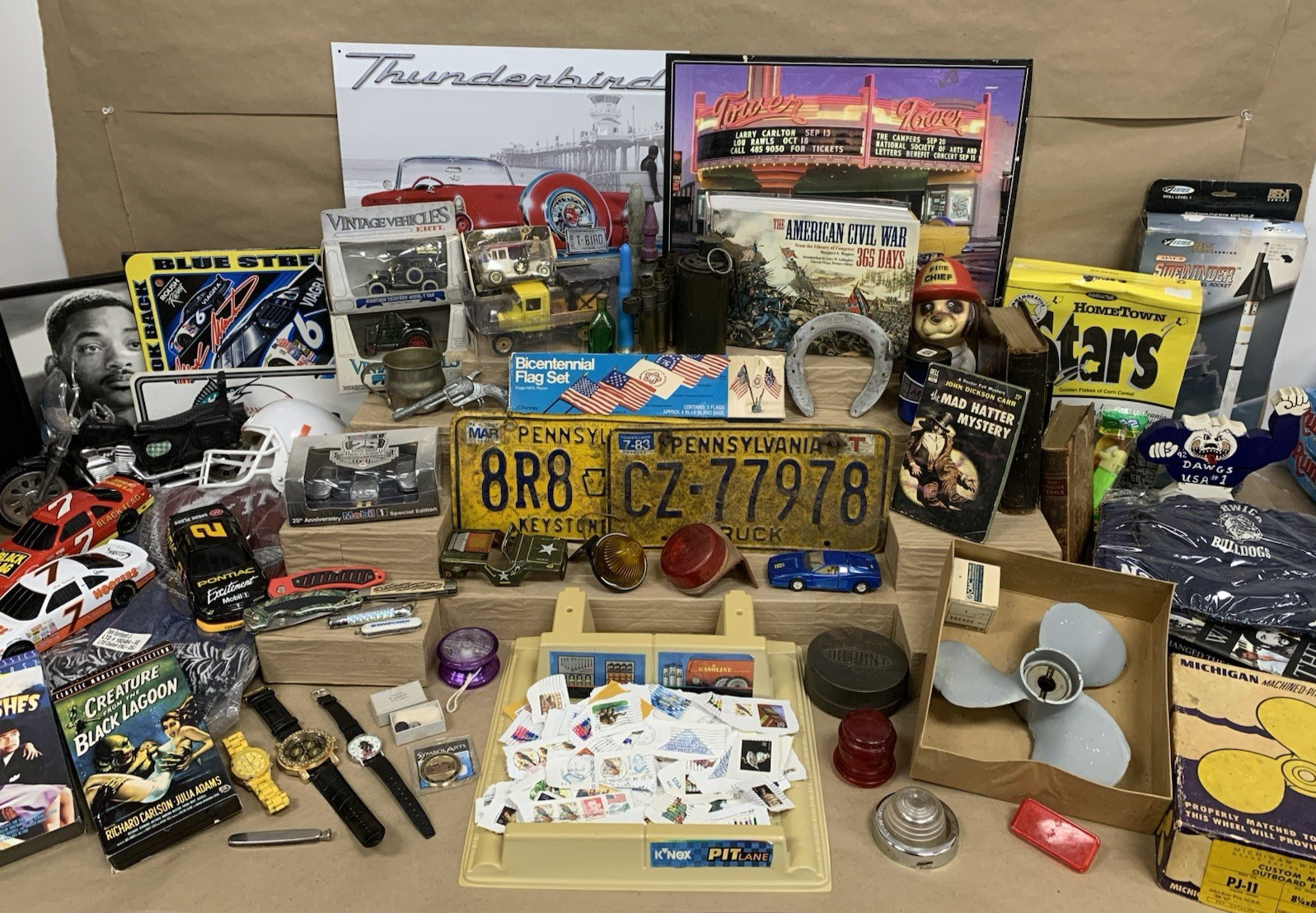 Vintage Estate Grandpa Treasures Lot Nascar Militaria Stamps Sports Toys & More