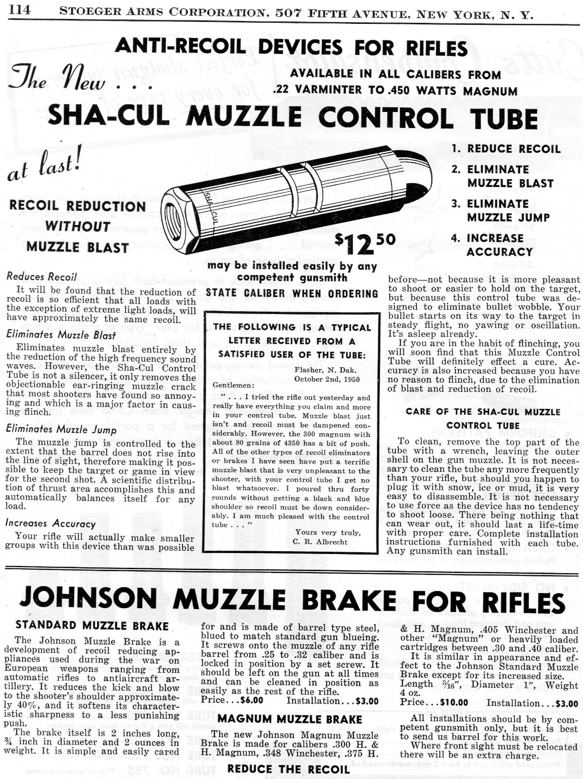 1953 Print Ad of Sha-Cul Muzzle Control Tube Rifle Anti-Recoil Device