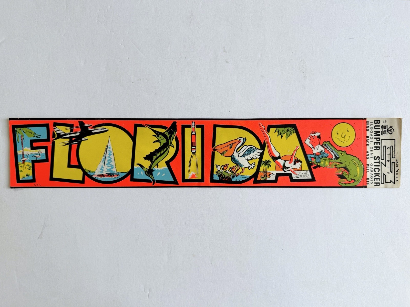 Vtg Florida Bumper Sticker, Alligator, Pelican, Tropical Vibes- Impko EZ Strip