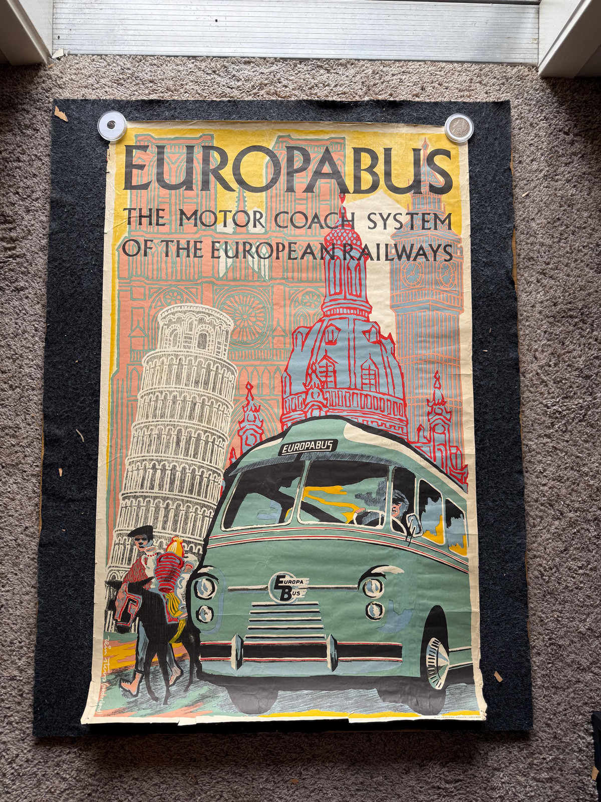 Original Europabus Motor Coach System Travel Poster European Railways Mid-Centu