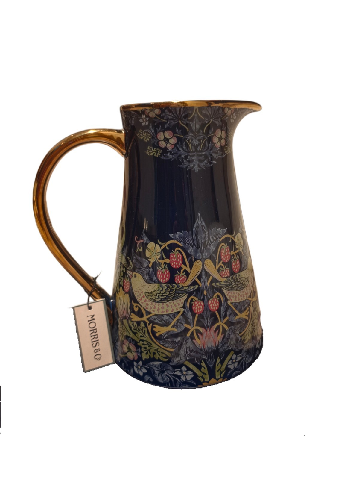 Morris & Co. Blue Strawberry Thief Porcelain Pitcher Gold Handle & Rim HTF - NWT