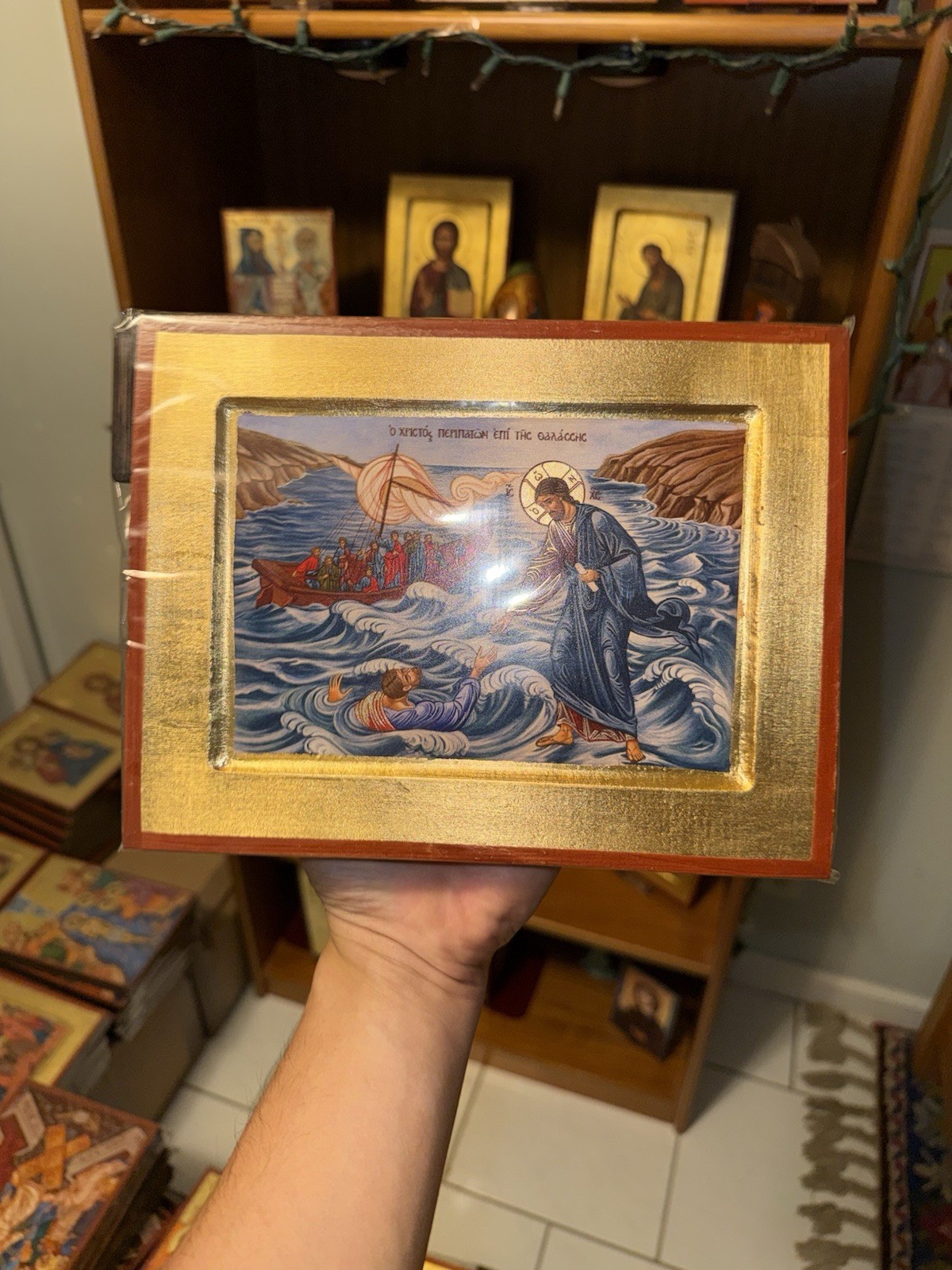 Christ Walking on Water Orthodox Icon 18kt Gold Carved Wood (handmade) 18x24cm