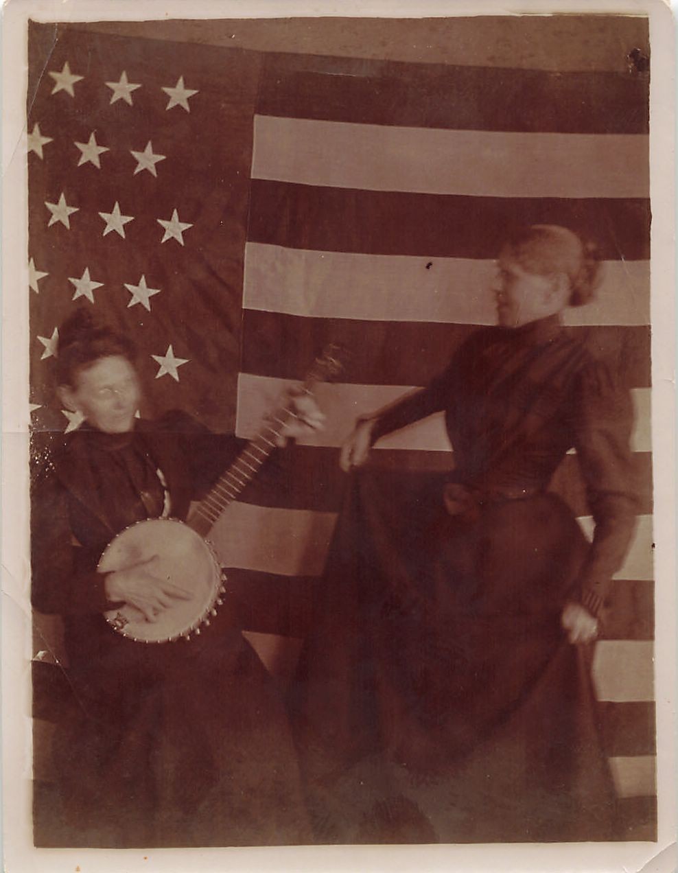 Vintage Woman Banjo Playing Dancing Action Photo Patriotic American Flag 1890s