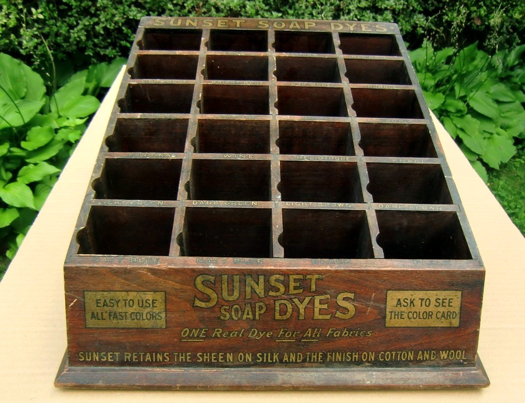 Antique 1920's SUNSET SOAP DYES Wood Countertop Store Display Case  Advertising