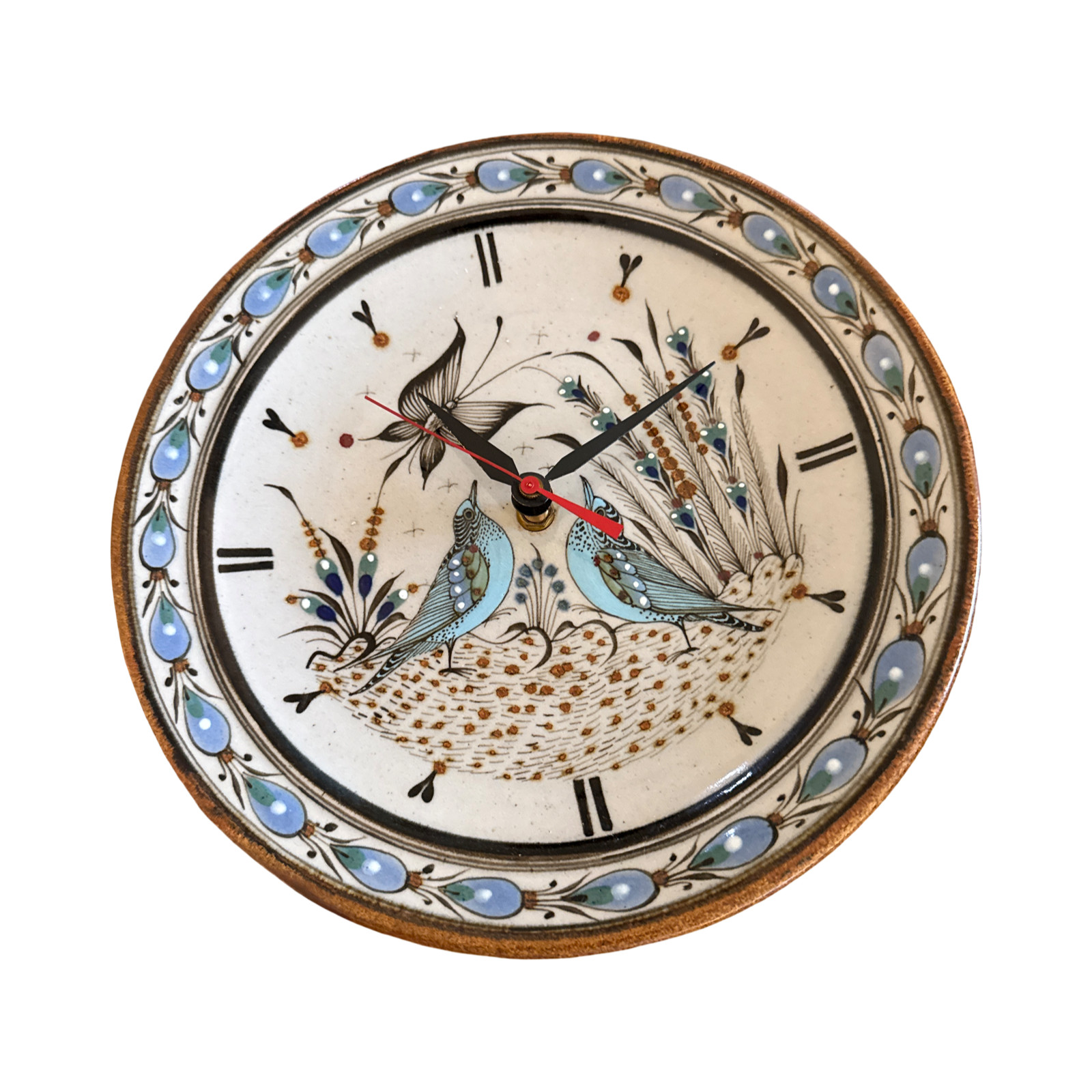 Rare Vintage Ken Edwards Tonala Mexico Pottery Wall Clock Signed KE Birds Tested